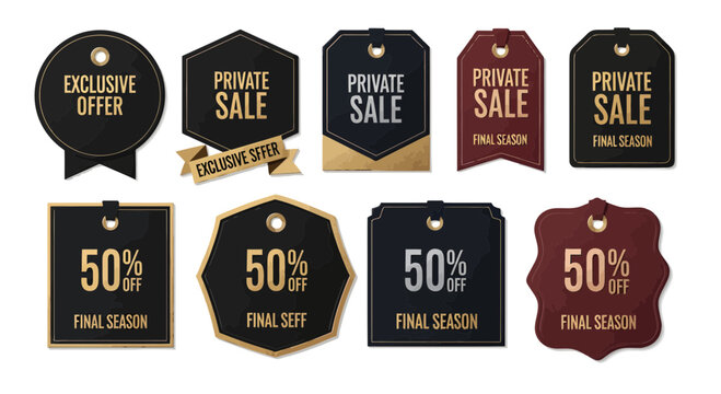 Elegant silhouette sale tags and exclusive offer labels with gold accents, perfect for premium promotions and final season discounts, creating a luxurious shopping experience.