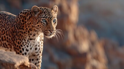 Leopard with Blue Eyes Standing on Rocks in Natural Habitat