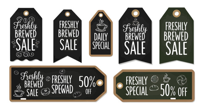 Chalkboard style sale tags featuring freshly brewed coffee and baked goods, perfect for cafe promotions and seasonal offers, all in a charming silhouette.
