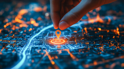 Naklejka premium Digital illustration showing a hand setting a location on a map with two pins, demonstrating AI technology in GPS navigation, innovative delivery methods, and future transport logistics
