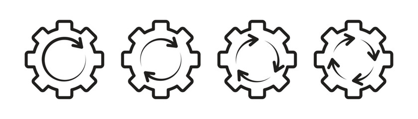 Set of gear icons for refresh, recovery, and loading with one, two, three, and four arrows. A gear sign with an arrow. The restoring process is displayed on a white background.