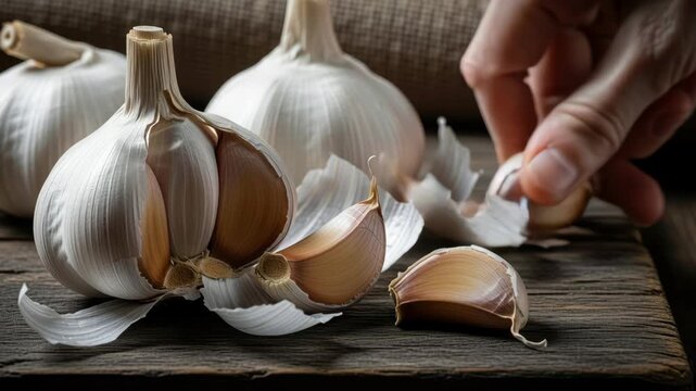 Garlic Food for Longevity with Hand Holding and Peeling Clove Rustic