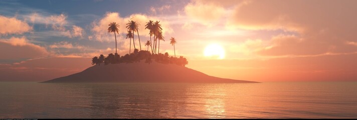 Beautiful beach with palm trees at sunset, panorama of a tropical landscape, sea sunset, 3d rendering