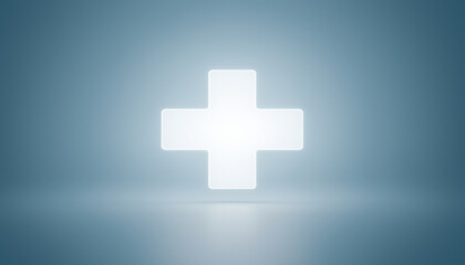 Obraz premium Minimalist glowing white plus symbol on soft blue-gray background in clean sterile medical concept