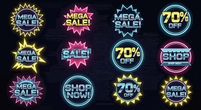 Dynamic neon sale signs and offers create an exciting shopping atmosphere, perfect for promotions and retail advertising, featuring a stunning silhouette effect