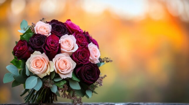 Colorful rose bouquet on a rustic table in the golden sunlight of autumn - Powered by Adobe