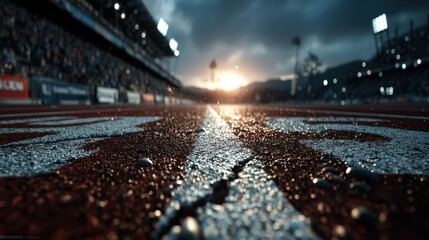 Rain-kissed running track at sunset amidst an enthusiastic crowd preparing for an athletic event