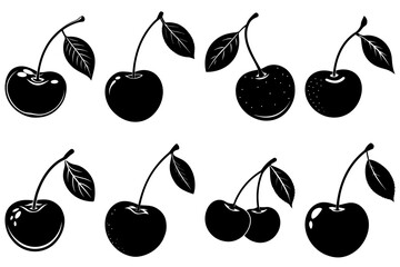 Illustration of eight black cherry fruits with stems and leaves arranged on a white background surface