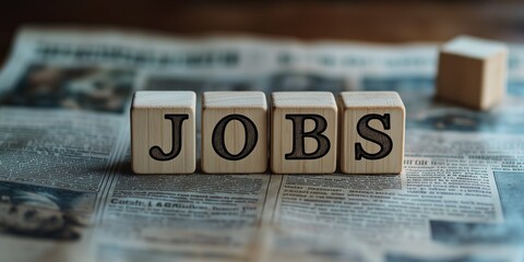 Jobs word made with wooden cubes over classified newspaper section