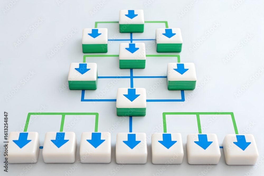 Poster hierarchy flow grid – pyramid structure with arrow boxes, tiered chart visualization, abstract proce