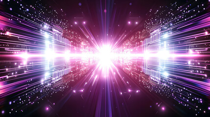 Fototapeta premium Abstract digital art with vibrant light rays emanating from a central point, surrounded by particle effects and circuit-like structures. The symmetrical design creates a dynamic and energetic feel
