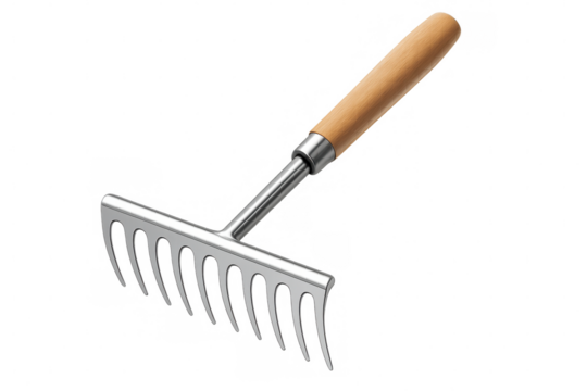 Metal rake with wooden handle isolated on transparent background, ideal for gardening and agriculture