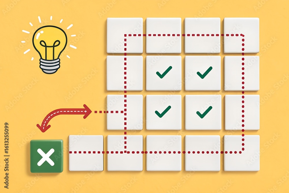 Poster error-to-insight route – x to check path in grid, abstract workflow correction, conceptual decision 