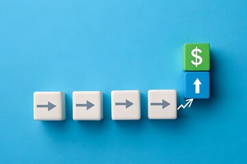 Obraz premium Profit Progression Path – Financial Success Arrow Toward Dollar Icon, Abstract Business Growth Concept, White Cubes on Blue, Upward Movement Visual