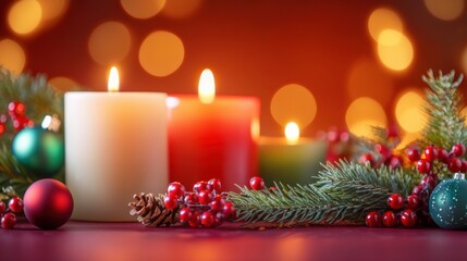Softly glowing holiday candles amidst festive decorations and greenery