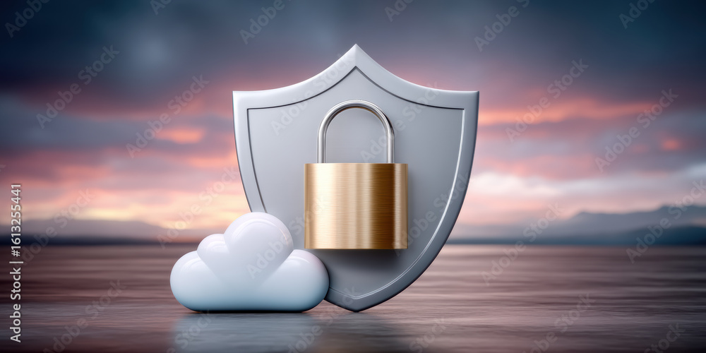 Poster cloud security concept with shield and lock protecting medical record data in digital cloud storage 