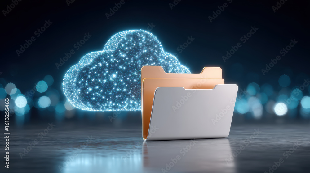 Poster cloud storage concept with digital medical record folder glowing in dark background showing secure d