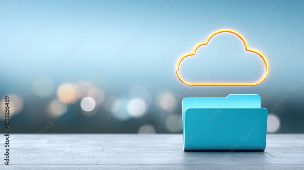 Poster cloud storage concept with blue folder and glowing cloud icon symbolizing medical record backup and 