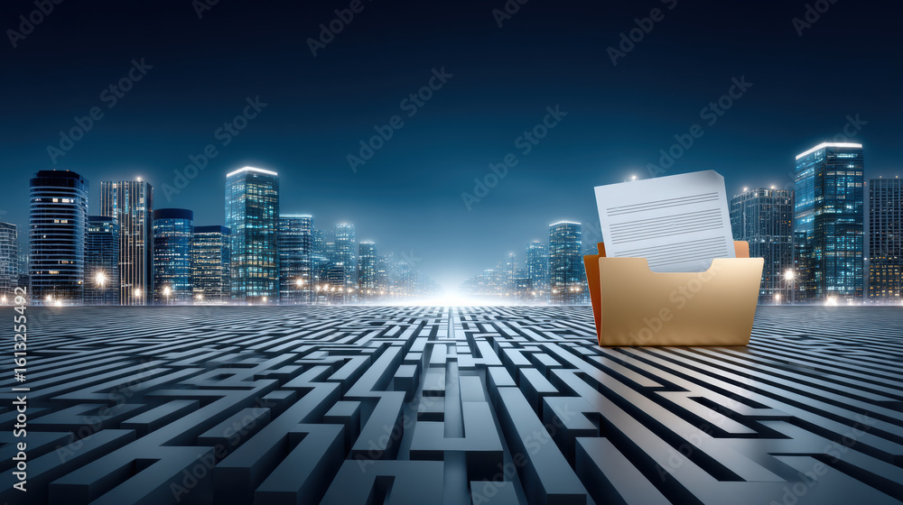 Poster medical record folder on maze surface with cityscape background symbolizing complex data navigation 