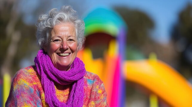 Joyful senior woman smiling at colorful playground on a sunny day
