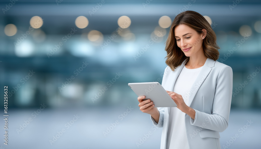 Poster professional woman using digital tablet to access medical record information with focused and calm e