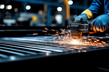 Worker grinds metal surface in industrial setting