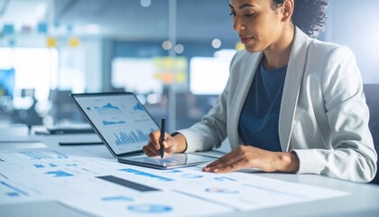 Generated image Woman Analyzing Data Using Tablet and Pen for Business Strategy