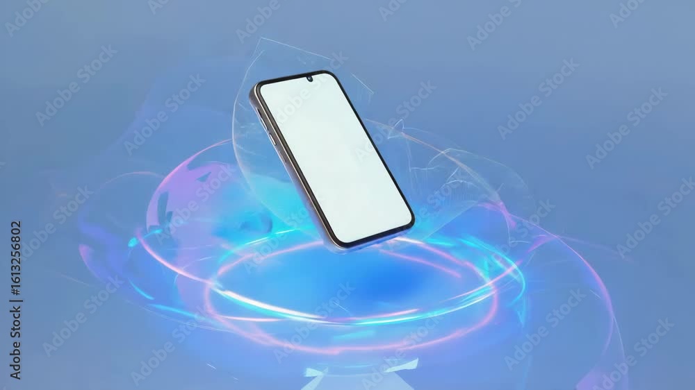 Poster wireless charging technology is visualized with a smartphone floating over neon light circles on a b