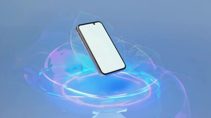 Wireless charging technology is visualized with a smartphone floating over neon light circles on a blue background, creating a futuristic and innovative concept - Powered by Adobe