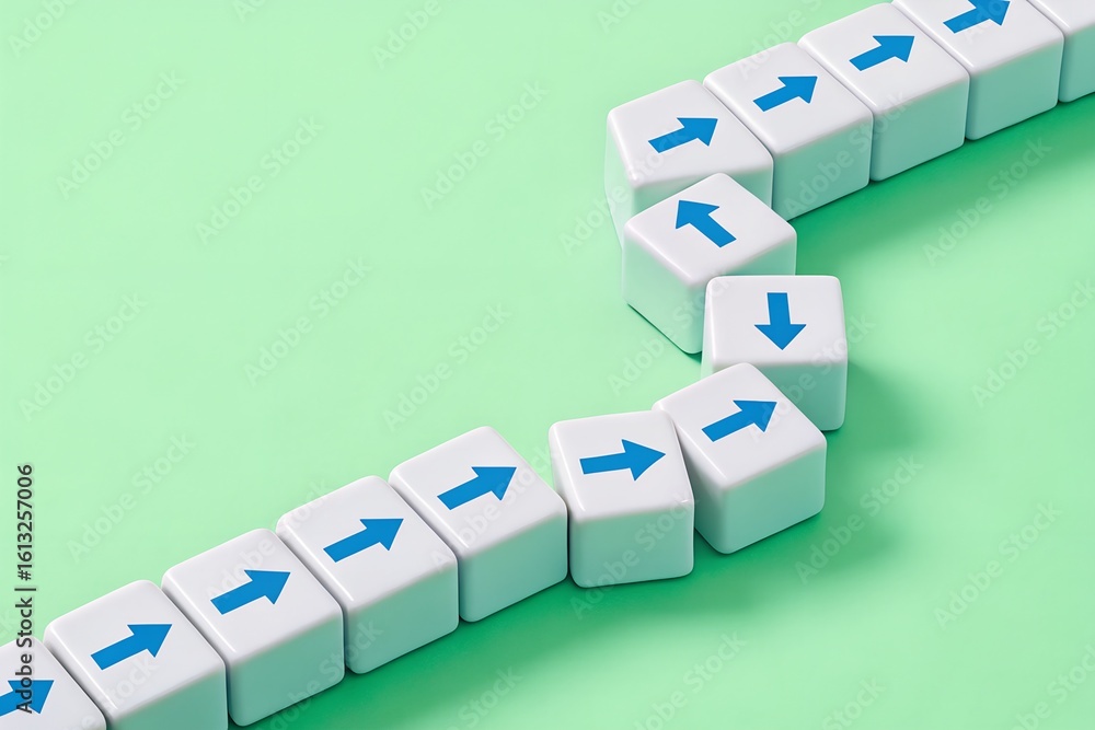 Poster adaptive workflow – white cubes with varying blue arrow directions forming zigzag pattern on light g