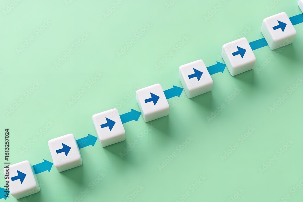 Poster aligned process flow – white cubes with blue arrows forming diagonal path on green background, abstr
