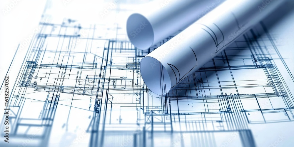 Poster detailed architectural blueprints spread across tables, showcasing precision and design layouts