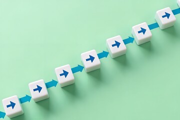 Aligned Process Flow – White Cubes with Blue Arrows Forming Diagonal Path on Green Background, Abstract Editorial Sequence Metaphor