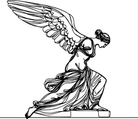 Winged victory statue in abstract line art style  