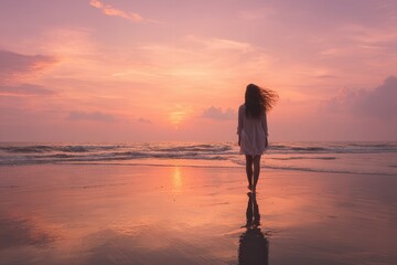 a silhouette of a woman standing barefoot on wet sand, facing the ocean during sunrise