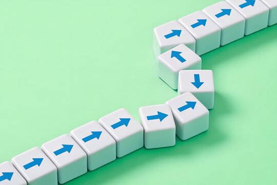 Adaptive Workflow – White Cubes with Varying Blue Arrow Directions Forming Zigzag Pattern on Light Green Background, Abstract Editorial Process Metaphor