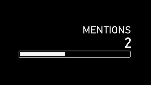 animation of mentions counter increasing with progress bar in clean white outline style on black background, simple motion graphics for mobile interface, social media or analytics dashboard - Powered by Adobe