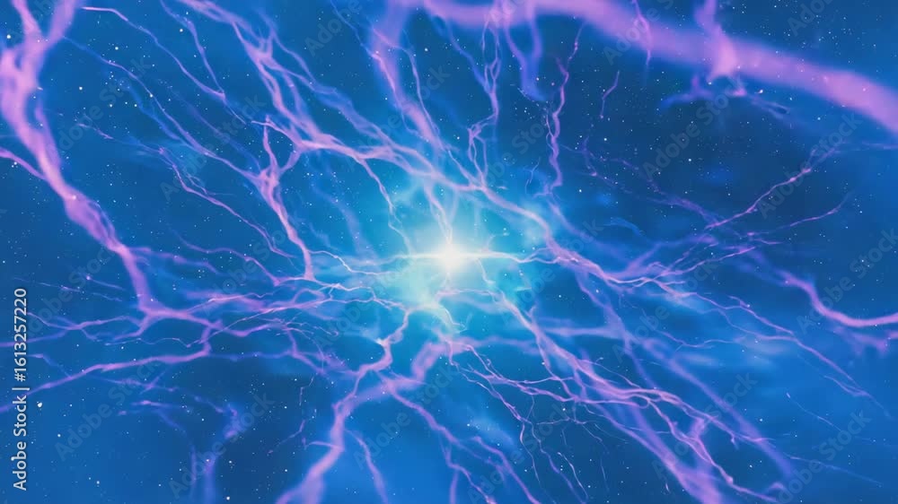 Poster purple electric energy is emanating from a bright light source in the vast expanse of deep space, cr
