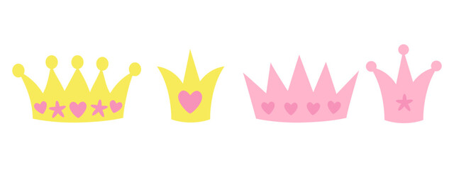 Playful colorful crown set in yellow, pink, and pastel shades – whimsical illustrations with hearts, stars, and dots for kids’ parties, princess themes, or birthday invites. © Kidzkamba