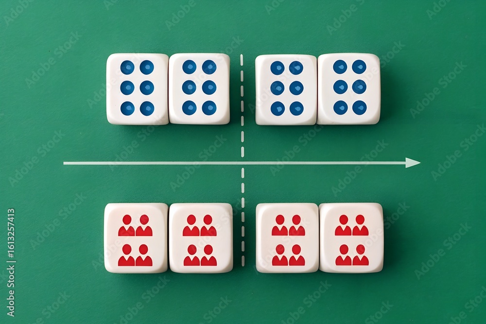 Poster segmentation strategy – blue numeric dice and red group icons split across quadrants with right arro