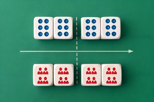 Segmentation Strategy – Blue Numeric Dice and Red Group Icons Split Across Quadrants with Right Arrow on Green Background, Abstract Editorial Categorization Concept - Powered by Adobe