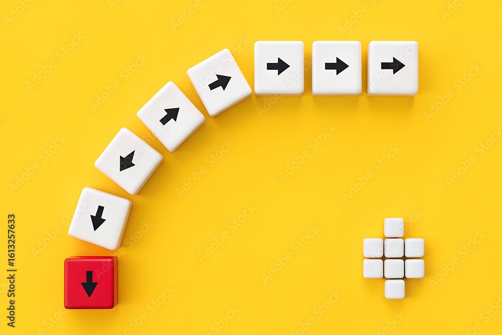 Poster strategic disruption curve – red cube breaking directional flow of arrow-marked white cubes on yello