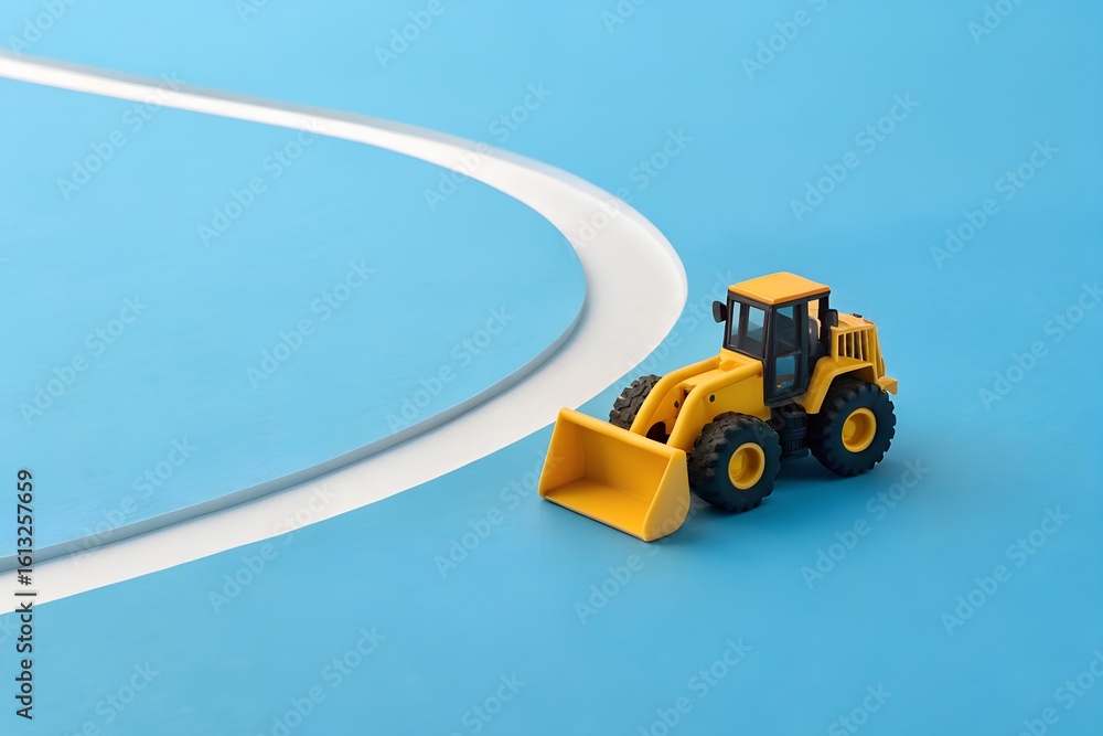 Poster progress curve – yellow toy bulldozer navigating white curved line on blue surface, editorial abstra