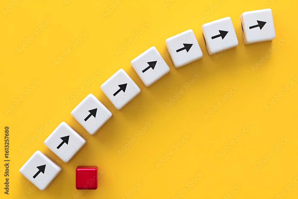 Poster sequence flow disruption – red cube breaking directional pattern among white cubes on yellow backgro