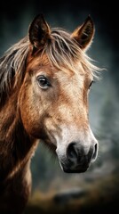 Fototapeta premium Brown horse with flowing mane stands majestically in a natural setting during the golden hour of twilight