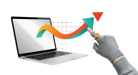 Hand interacting with a digital growth chart on a laptop isolated on transparent background