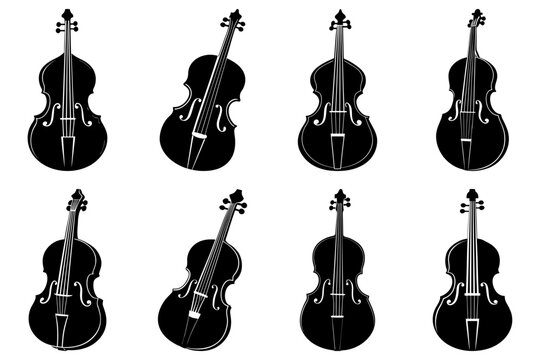 Collection of eight black and white silhouette images of stringed double bass musical instruments in various poses
