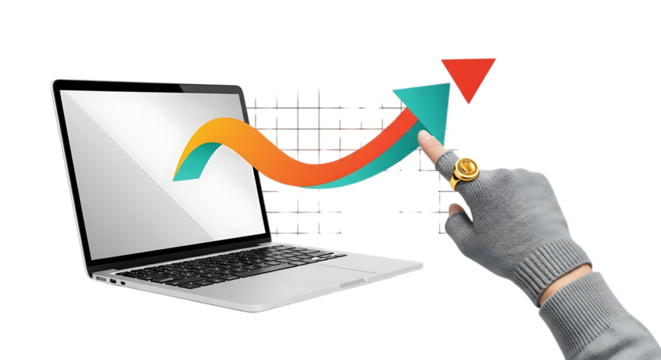 Hand interacting with a digital growth chart on a laptop isolated on transparent background