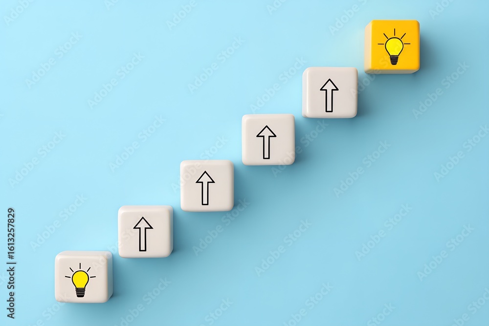 Poster idea trajectory – diagonal blocks with arrows and lightbulbs, creative progression path, editorial, 
