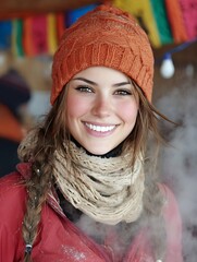 Young Woman Wearing Warm Winter Clothing Smiling Happily Outdoors